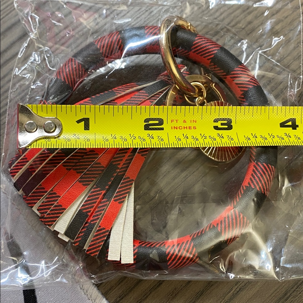 Red & Black Buffalo Plaid Keychain Bracelet with Gold Accent & Fringe Tassel - Picture 6 of 11